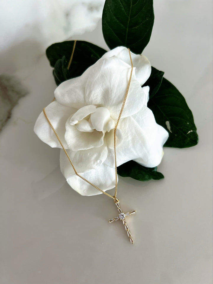 CRYSTAL PETALS CROSS (14K GOLD FILLED)