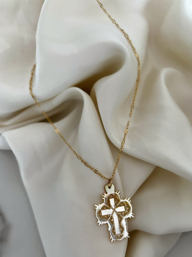 MOTHER OF PEAL RADIANT CROSS (14K GOLD FILLED OR STERLING SILVER)